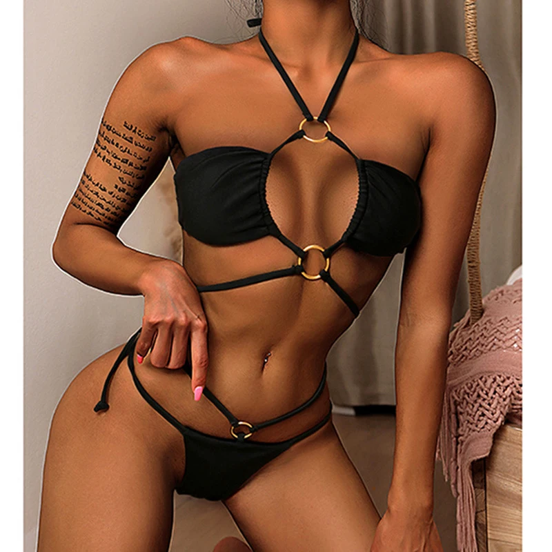 

Комплект из 2 предметов с золотыми кольцами, пикантное черное бикини в европейском и американском стиле с открытой спиной и разрезом, купаль...