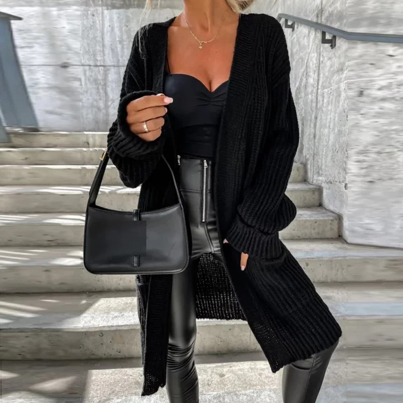 

Lady Casual Solid Color Knitted Sweater Autumn Long Sleeve Pockets Loose Cardigan Fashion Winter Simple High Street Outwear Coat