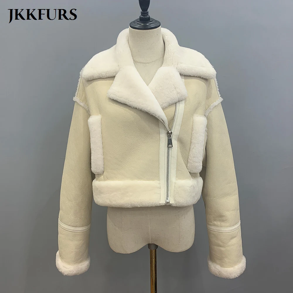 Women's Short Real Shearling Coat Genuine Lambskin Leather Coat Warm Real Wool Winter Double Face Jacket S3658