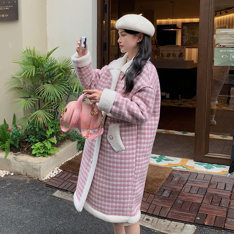 Wool-like warm coat in winter plaid long coat female