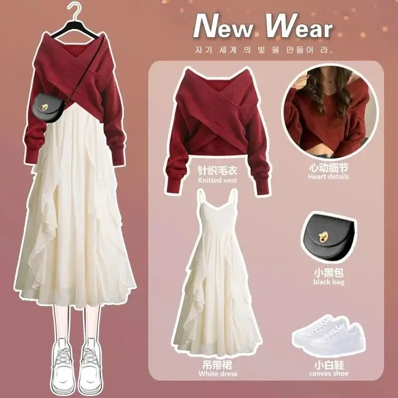 

Spring Women Knitted 2 Pieces Set Casual Solid Color Long Sleeve Pullovers Sweater Top+Dress 2PCS Suits Women Sets