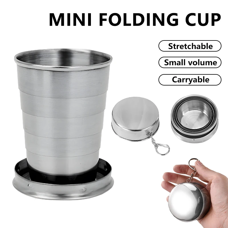 Portable Stainless Steel Folding Cup Outdoor Travel Collapsible Mug Telescopic Cups Hiking Camping Cookware With Keychain