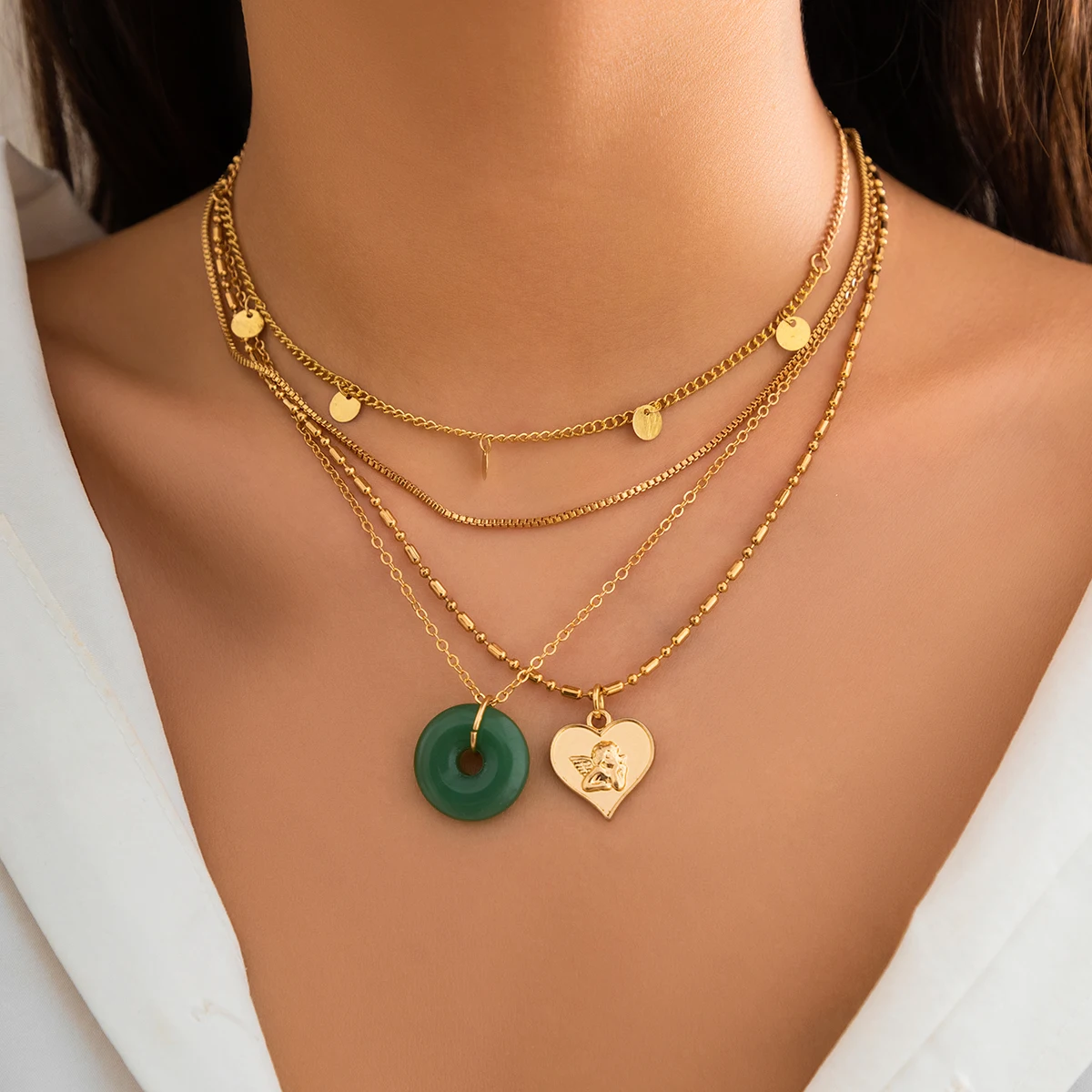 

IngeSight.Z Multilayer Bohemia Green Stone Pendant Necklace for Women Punk Gold Color Carved Heart Disc Pendant Box Chain Neck