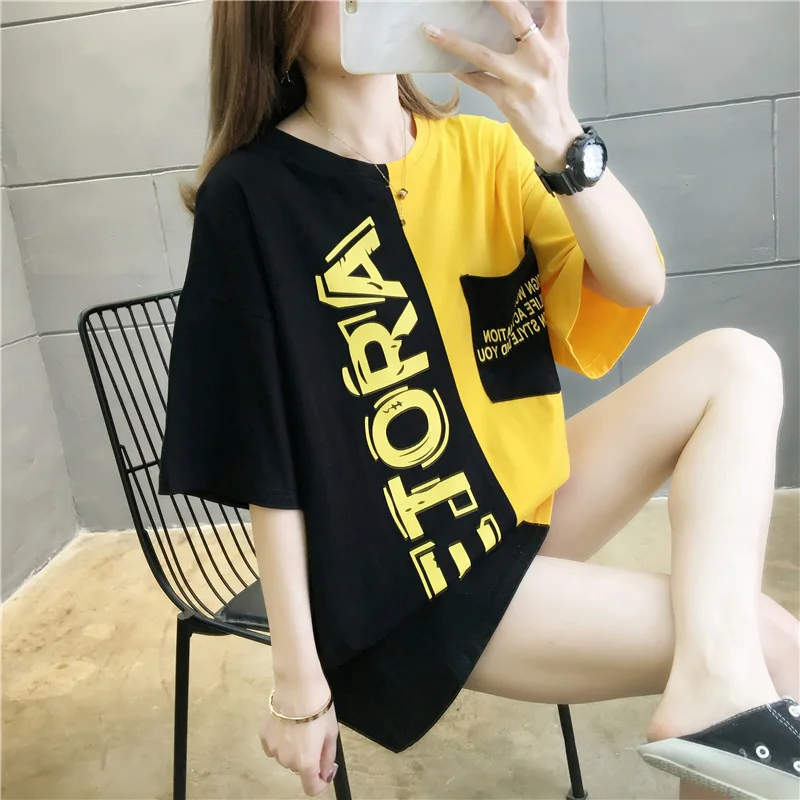 

DAYIFUN Spliced Color T Shirt Women Harajuku Letter Print Loose Cotton Korean Fashion T-shirt Hip Hop Femme O-neck Summer
