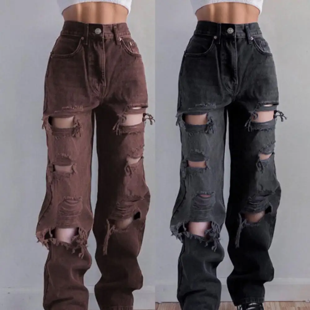

Ripped Denim Pants Distressed Straight Trousers Button Closure High Waist Jeans for Daily Wear