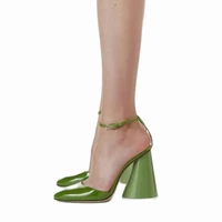 green block heel sandals ankle strap round toe patent leather chunky heel fashion women shoes buckle strap newest pumps