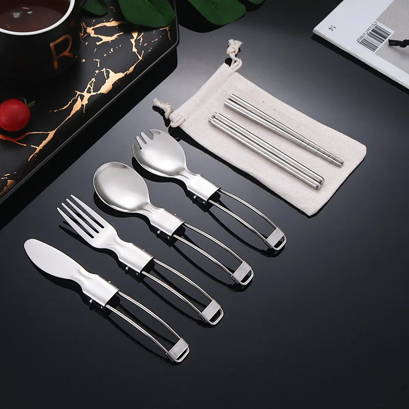 

Складная посуда из нержавеющей стали, удобный Походный нож, вилка, ложка, палочки для еды, набор из 5 предметов