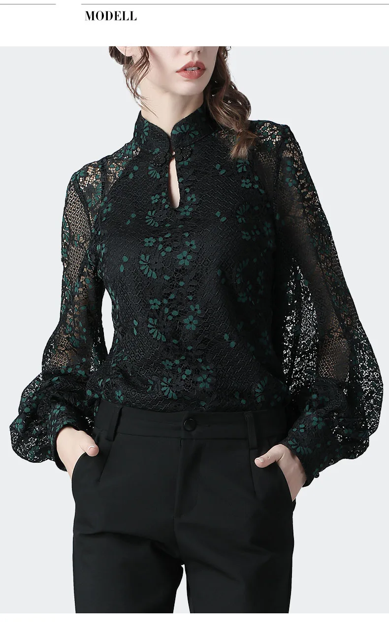 Женская кружевная блузка с рукавами-фонариками элегантная свободная винтажная