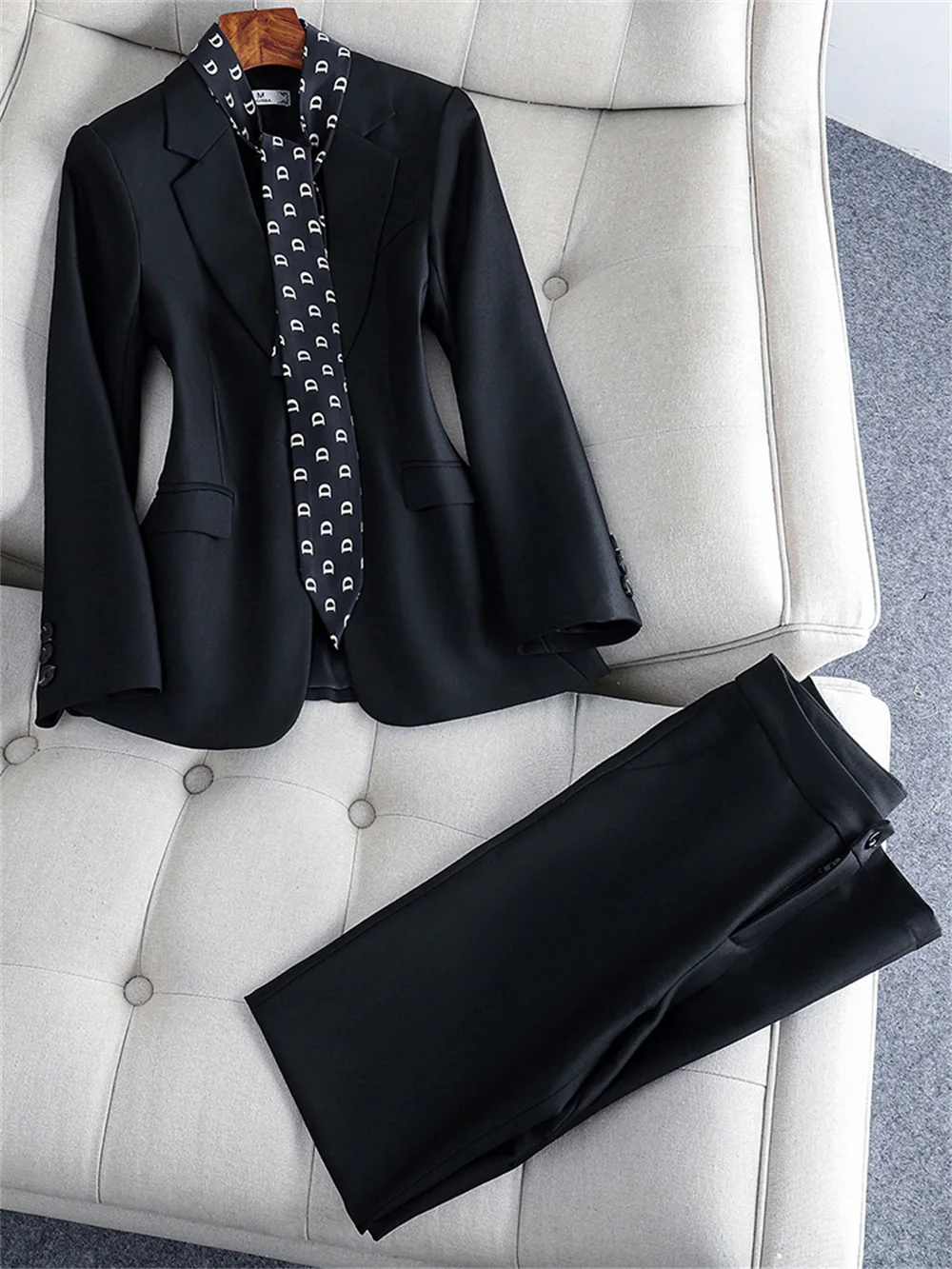 Women 2 Piece Set 2023 New Lady Coffee Black Long Sleeve with Scarf Pant Suit Elegant Formal Blazer + Trouser Business Suit Set