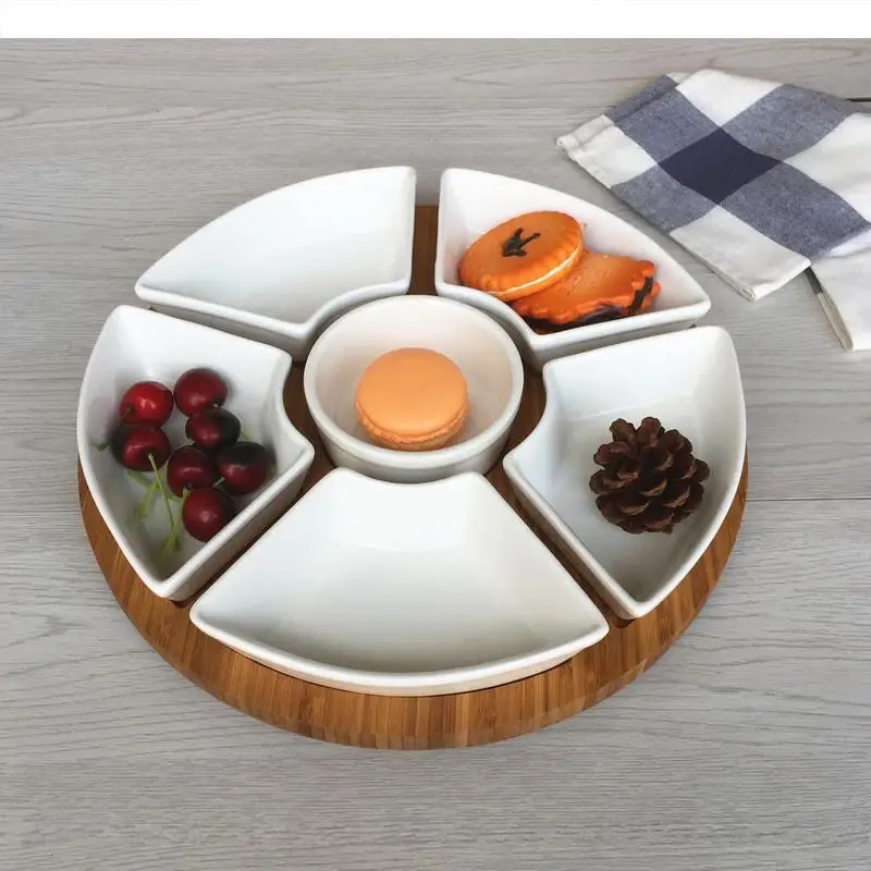 

White Ceramics Fruit Tray Snack Dried Fruit Nut Dish Home Divided Plate Dessert Vegetarian Dish Salad Platter with Bamboo Tray