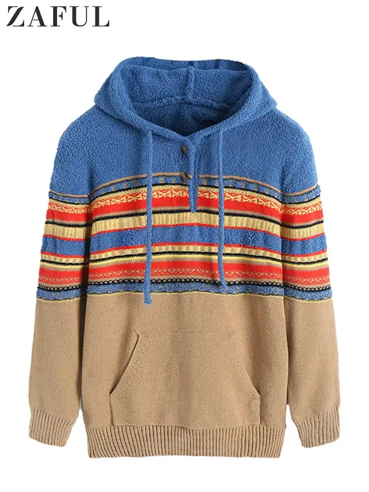 

ZAFUL Men's Hooded Sweater Ethnic Printed Button Sweaters Fluffy Striped Streetwear Pullover Winter Long Sleeves Jumper Outwear