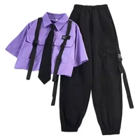 2022 autumn streetwear pants high waist straight ribbon cargo pants student loose short sleeved shirt with tie two piece set