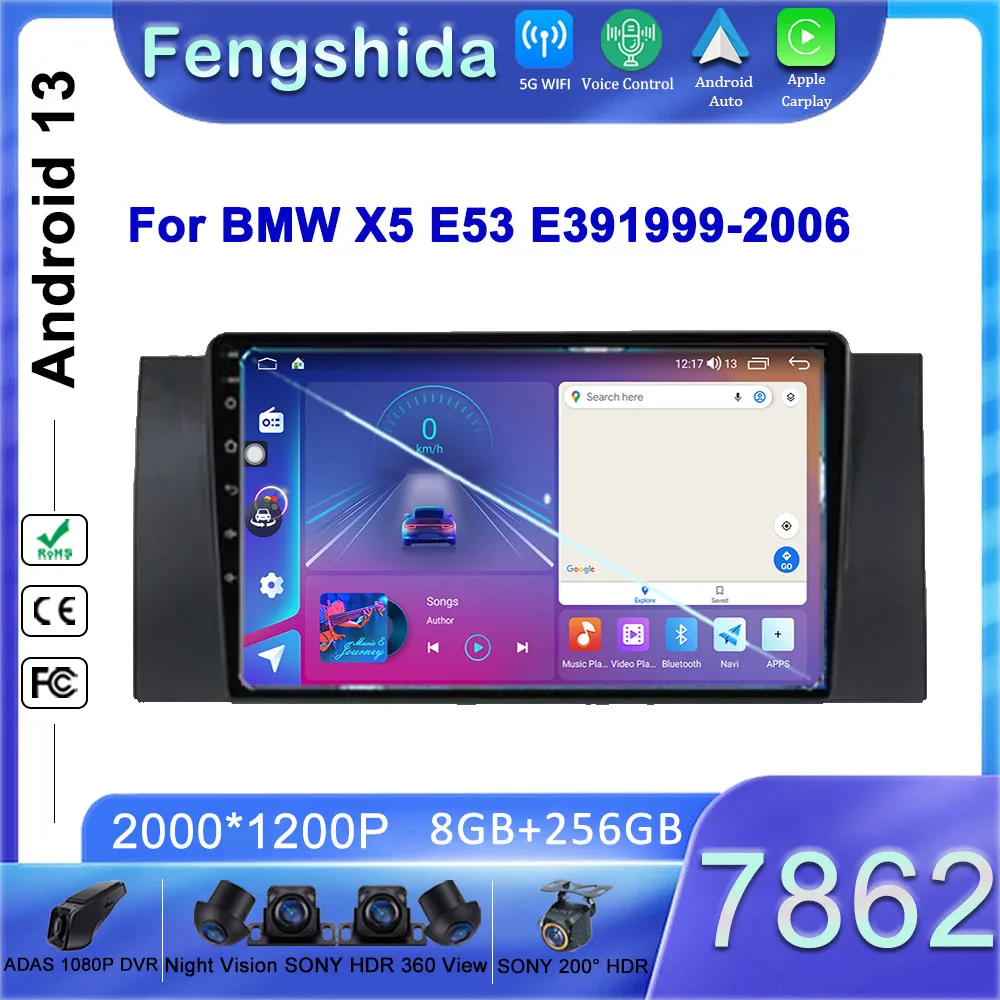 Android 13 Автомобильный радиоприемник Мультимедийный видеоплеер для BMW 5 E39 E53 X5 1995-2001