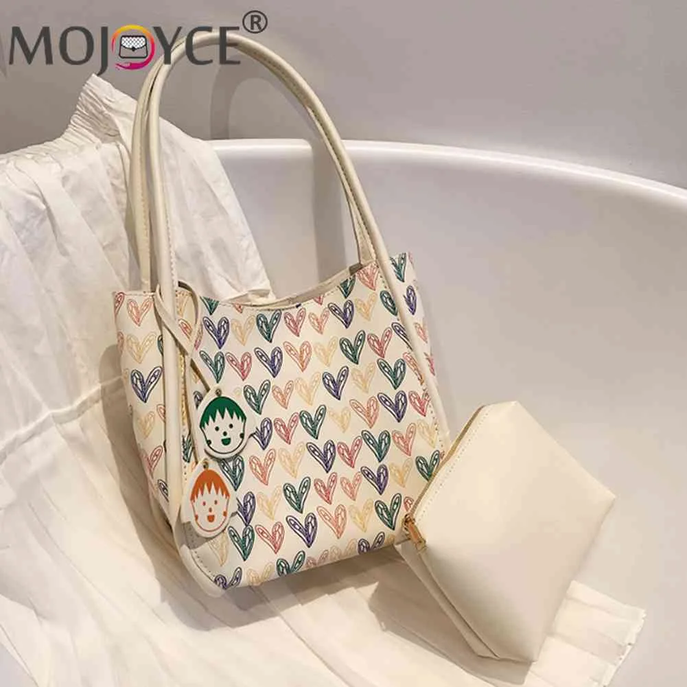 

Сумка на плечо женская из экокожи, портативная вместительная модная сумочка на плечо с принтом сердечек, для путешествий, работы, комбиниро...