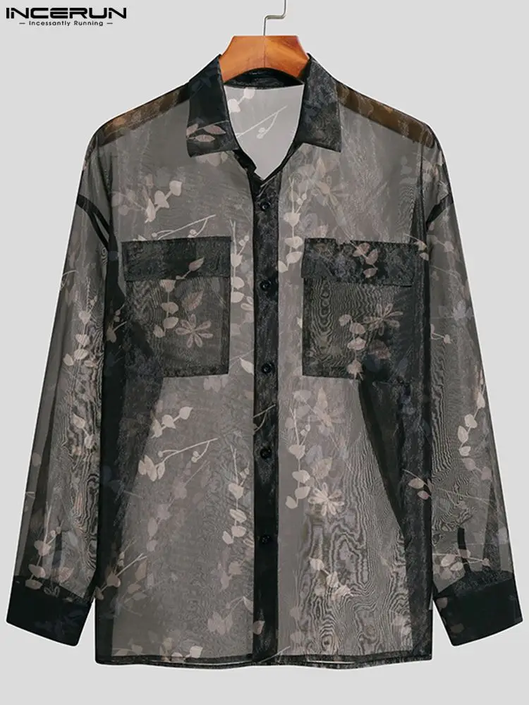 Handsome Well Fitting New Men See-through Mesh Printing Blouse Fashionable Male Long-sleeved Thin Shirts S-5XL INCERUN Tops 2022