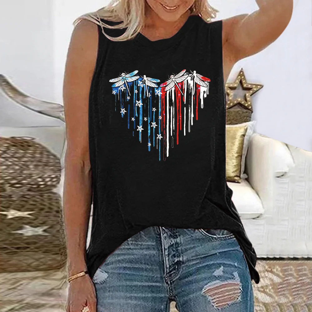 

Seeyoushy Dragonfly Flag Print T Shirts Women Crew Neck New Summer Loose Woman Tshirts Casual Sleeveless Aesthetic Top Clothes