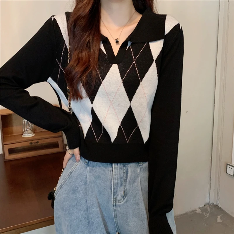 

Women Pullover Sweater Fashion Argyle Printing Casual Long Sleeve Polo Collar Knitwear Winter Clothing Pull Femme Tops 24052