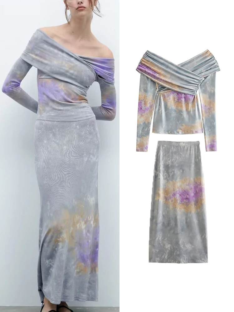 

TRAF 2023 Summer Women Printed Top Long Skirt Set New Cross Over Slash Neck Long Sleeve Tight Top A-Line Slim Ankle-Length Skirt