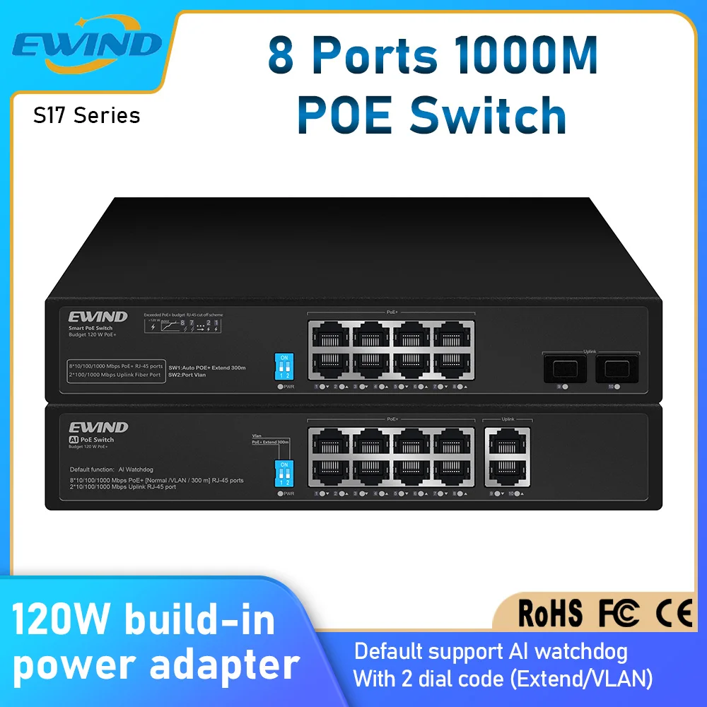 EWIND 8 Ports POE Switch 10/100/1000Mbps Ethernet Switch with 2 1000M Uplink Ports Network Switch for IP Camera AI Smart Switch