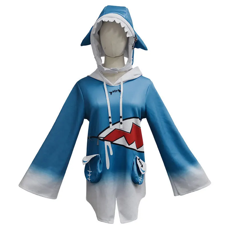 Фото Gawr Gura Shark Косплей Костюм Hololive Vtubers Капюшон для девочек Дети Holo Gauru Shark Tail Заколка для волос Парик Cos Полный комплект №4