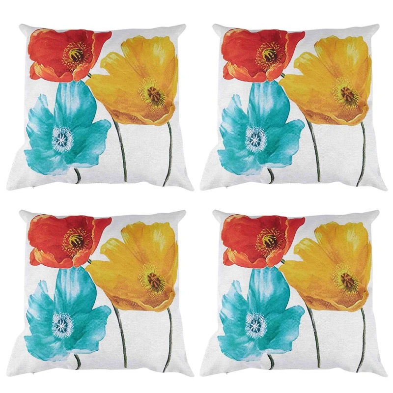

4X Flax Square Decorative Throw Pillow Enchanting Beautiful Tricolor Red Yellow Blue Poppy Flowers Gift 45X45cm