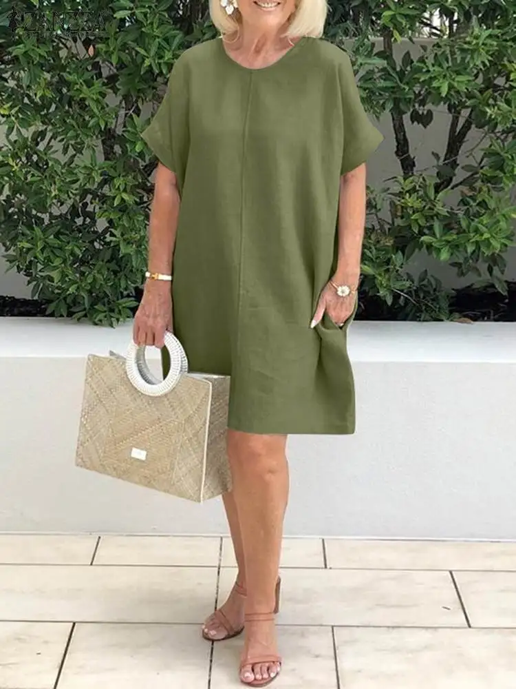 

Платье ZANZEA женское однотонное с коротким рукавом и круглым вырезом, Модный элегантный свободный офисный миди сарафан, 2023