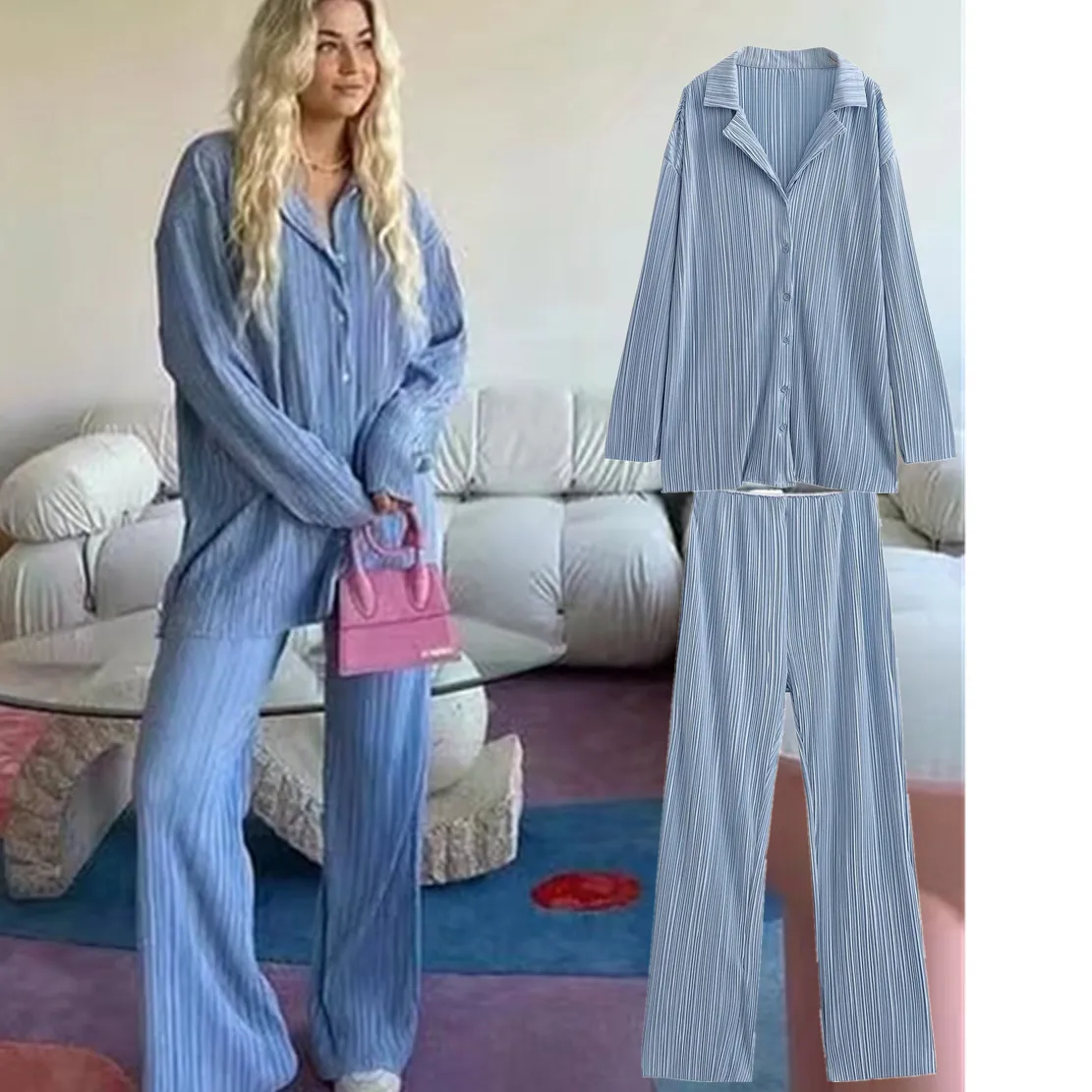 

Maxdutti 2022 And Straight Loose Pants Women Ins Fashion Blogger Vintage Texture Blue Color Casual Blouse Sets