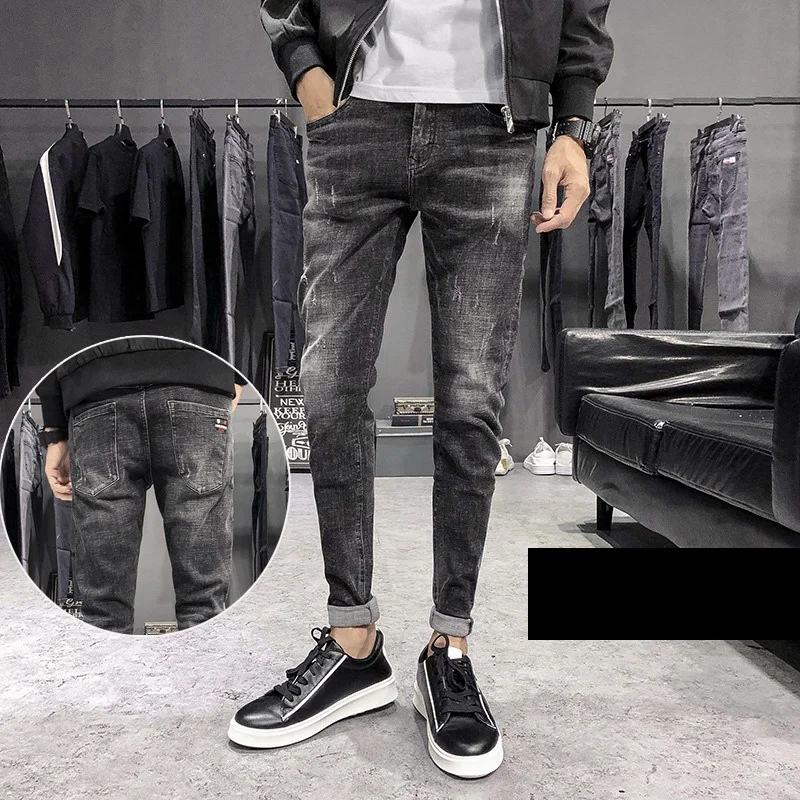 

Fashion Denim Jeans Men's 2022 Autumn New Korean Slim Feet Casual Men's Stretch Teenagers Brand Black And Gray Trousers
