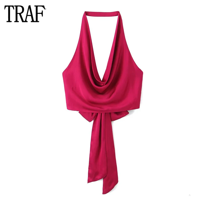 

TRAF 2023 Draped Halter Top Female Fuchsia Satin Crop Top Women Holiday Sexy Backless Tops for Women Summer Tied Beach Women Top