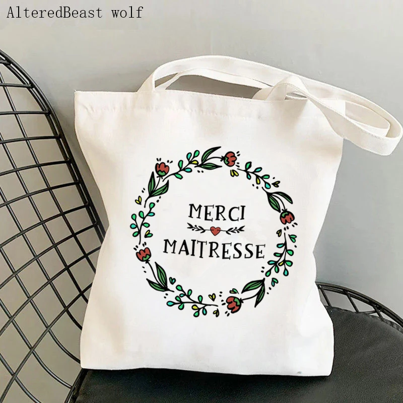 

Thank You Merci maitresse Ladies Canvas Shopping Bag Large White Handbag Female Reusable Beach Shoulder Bag Gift for Teacher