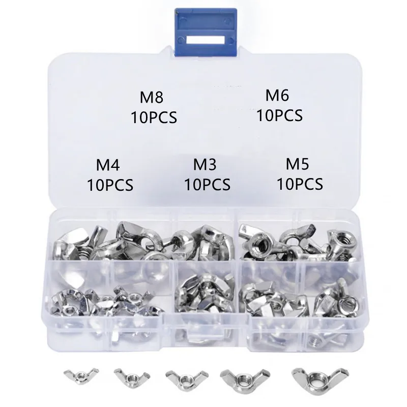 

50 шт./компл. M3 M4 M5 M6 M8 304 набор ручных затягивающих гаек из нержавеющей стали набор гаек-бабочек в ассортименте