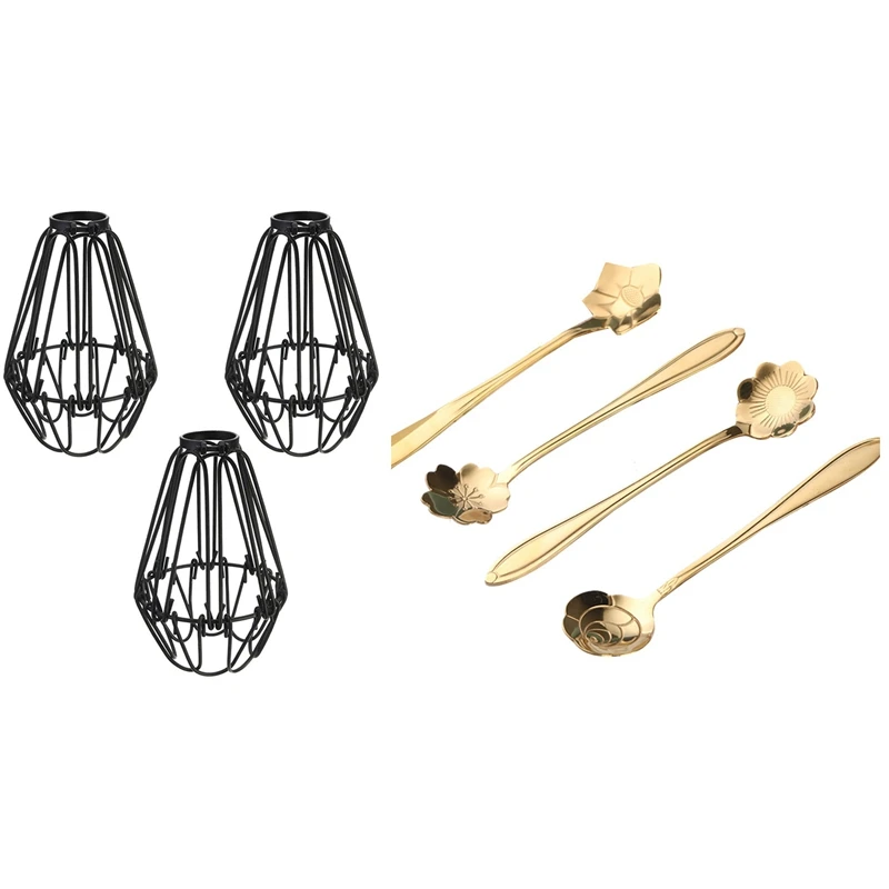 4Pcs Cute Flower Teaspoon Dessert Coffee Spoon With 3Pcs Iron Bulb Guard Lamp Cage, Ceiling Fan And Light Bulb Covers