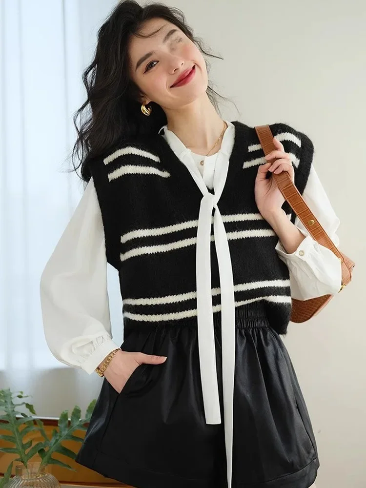 Элегантный вязаный жилет с v-образным вырезом и цветными блоками женская