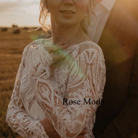 Rose Moda V Back Long Sleeves Lace Bohemian Wedding Dress Boho Bridal Gown Custom Make Real Photos