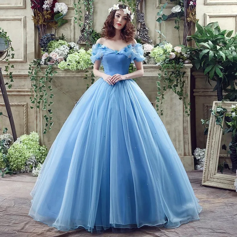 

Light Blue Off The Shoulder Quinceanera Dresses 2021 3D Butterfly Bow Sweep Train Party Princess Sweet 15 Ball Gown With Lace-Up