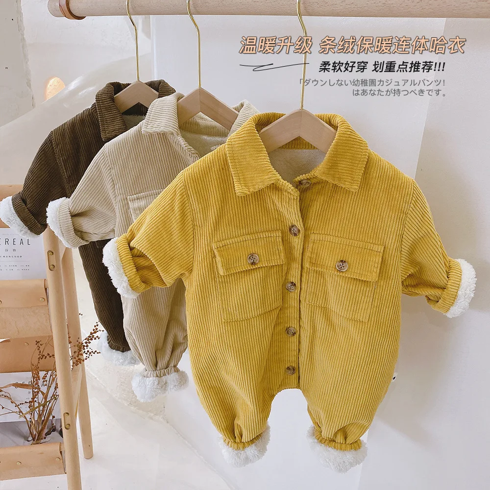 

Infant Baby Girls Boys Casual Corduroy Romper, Plush lamb wool Solid Color Long Sleeve Turn-down Collar Jumpsuit, Brown/ Beige
