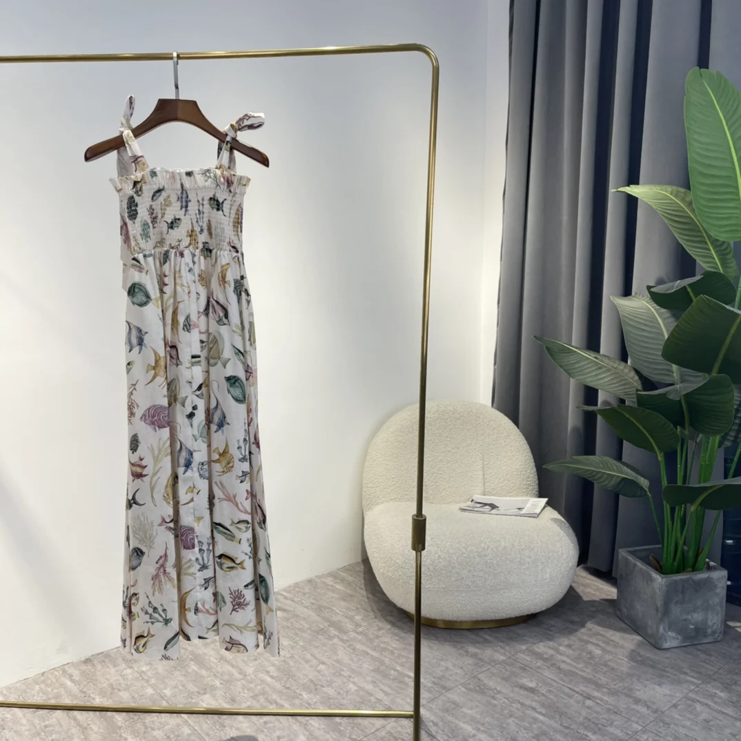 

Beach Style Dresses Women 2022 Summer New Hot Sale Under The Sea Fishes Print Shirred Designer Fashion Clothes