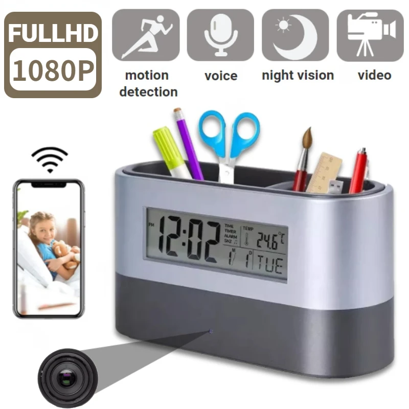 

Pen Holder Camera Wifi 1080P HD Mini Cam Office Alarm Clock Cam Calendar Thermometer Desktop Multifunctional Digita Alarm Clock