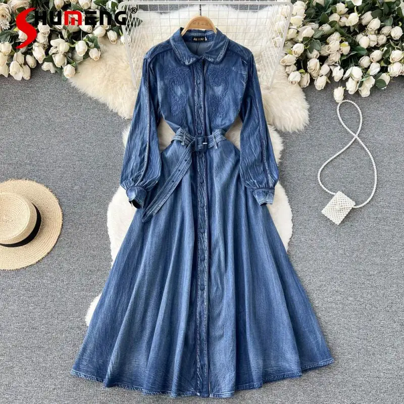 

Denim Maxi Dress for Women Spring 2022 New Korean Style Suit Collar Retro Waist-Controlled Long Dress Temperament Dress