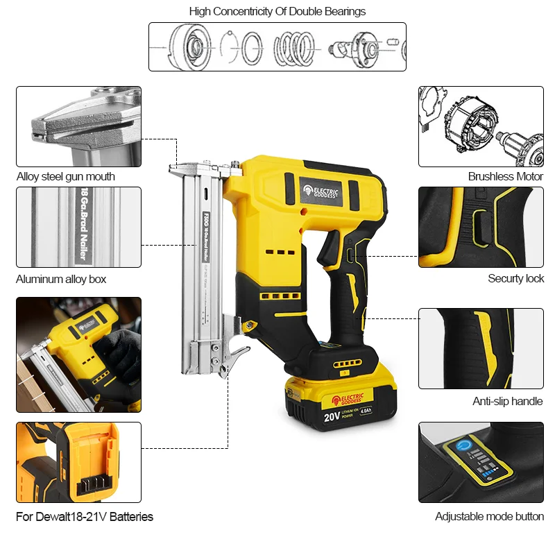 Фото Электрический бесщеточный пистолет для ногтей Brad для Dewalt, аккумулятор 20 В, беспроводной станок для ногтей прямой формы, деревообрабатывающий станок для ногтей №3