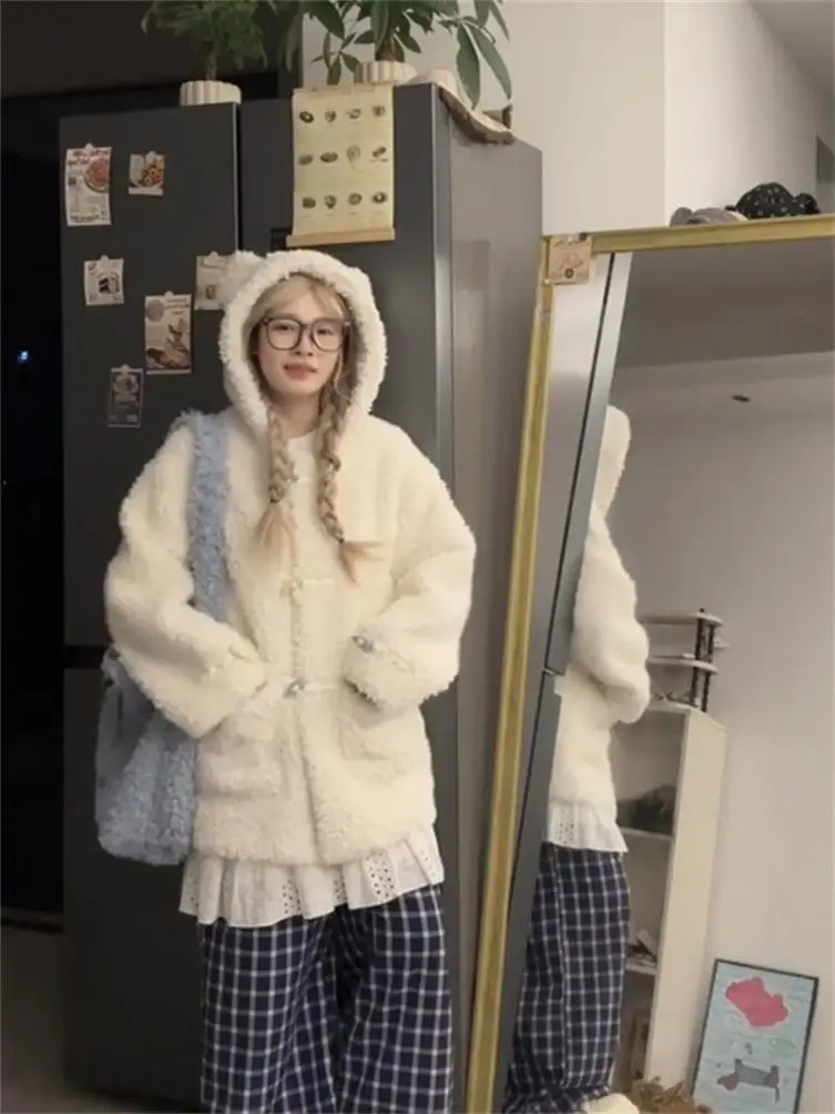 Корейская серия дизайнерский капюшон из овечьей шерсти женское пальто 2024 зимнее