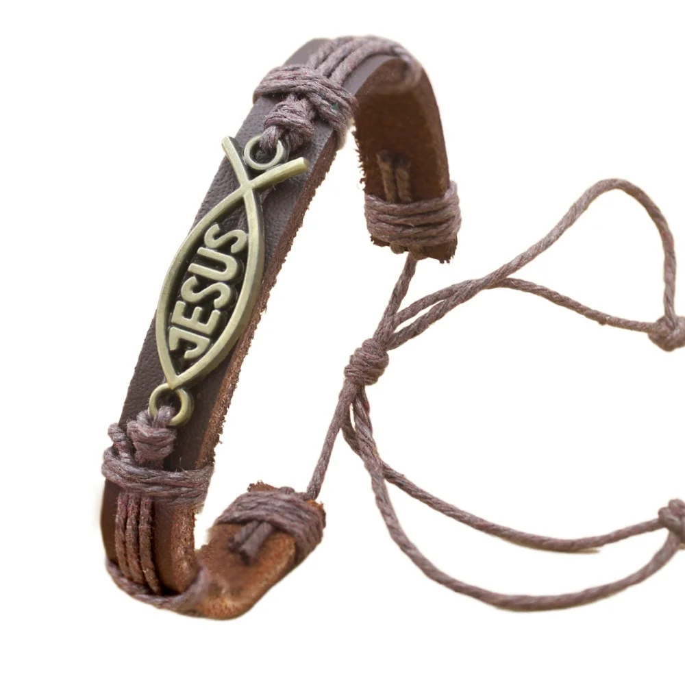 Винтажный коричневый кожаный браслет с крестом для мужчин Иисус христианские