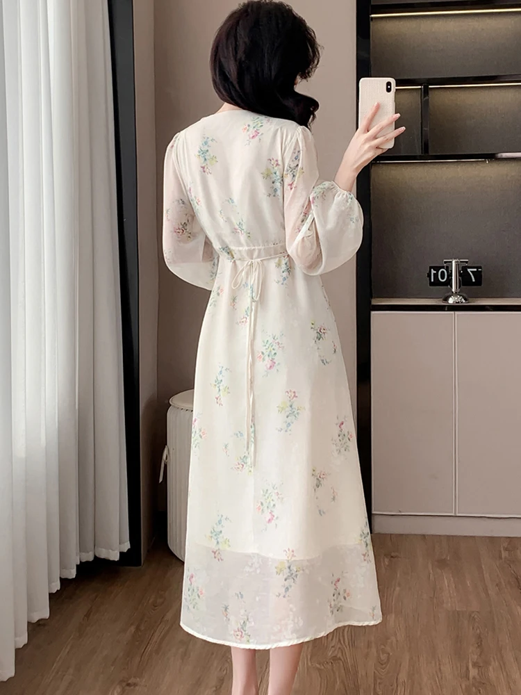 Весеннее белое шифоновое повседневное платье с цветочным принтом и длинным