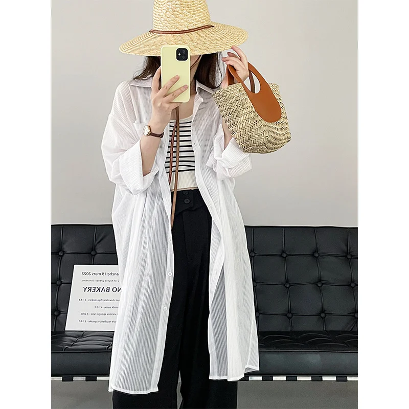 

Свободное элегантное женское платье-рубашка в полоску, длинное платье с защитой от солнца, белые летние женские рубашки с длинным рукавом
