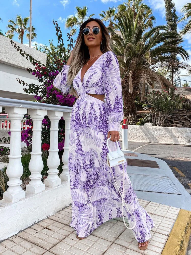 Women Beach Cover Up 2022 Summer Sexy V-Neck Backless Hollow Out Lantern Sleeve Maxi Dress Female Club Party Long Dresses