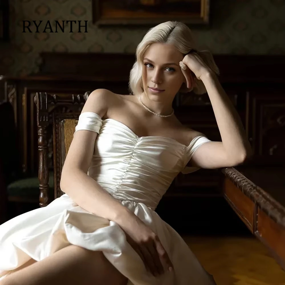Фото Атласное платье RYANTH с открытыми плечами для выпускного вечера для подростков, асимметричное, с драпировкой, на шнуровке сзади, свадебное платье, на заказ №4