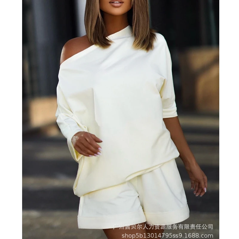 

Women 2-Piece Suit Summer Long Sleeve Off-Shoulder Slash Neck T-shirt Mid Waist Straight Shorts Suit Women Loose Printing Suit