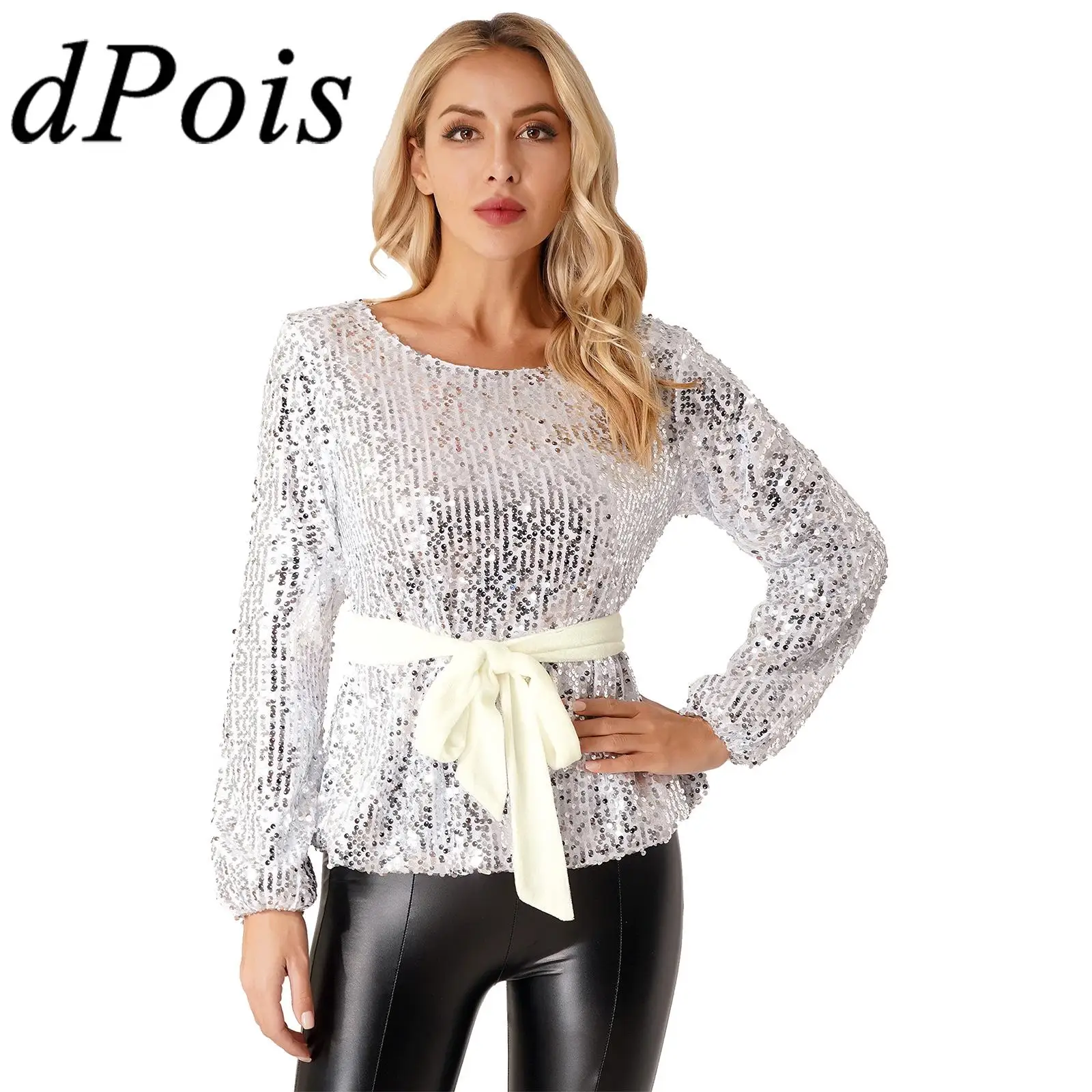 

Womens Round Neck Long Sleeve Sparkling Sequins Pullover Top for Dancing Club Party Carnival Clubwear Dance Costumes