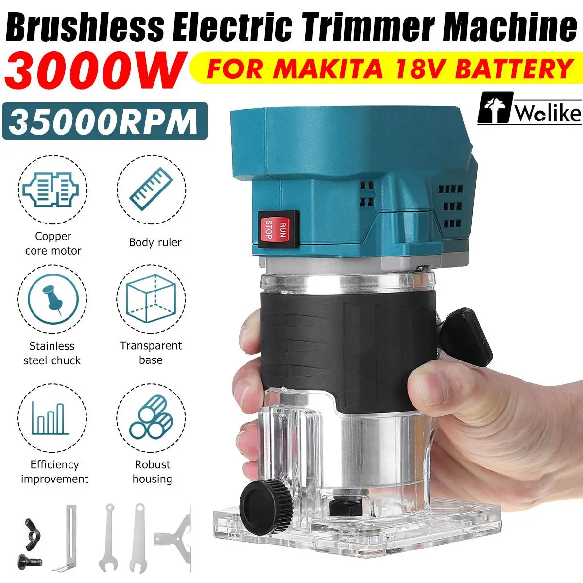 3000W Cordless Woodworking Electric Trimmer Brushless Engraving Slotting Trimming Machine Wood Router Fit For Makita 18V Battery