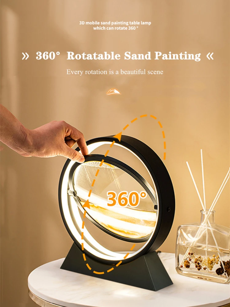 

Moving Sand LED Table Lamp Round Glass Warm Lighting 3D Deep Sandscape In Motion Display Hourglass Frame Craft Home Decor Gift
